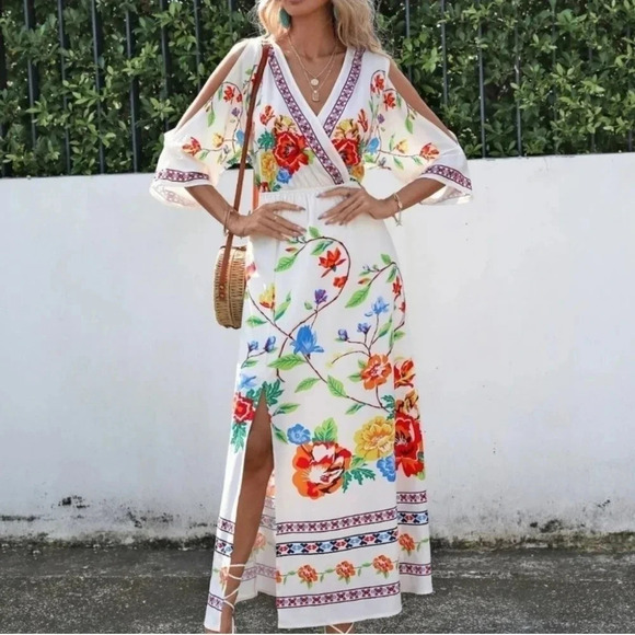 White Floral Print Cold Shoulder Maxi Dress - Picture 5 of 5